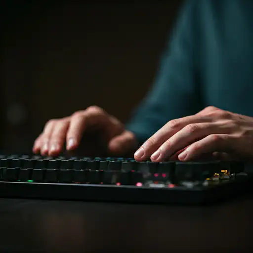 Mãos de desenvolvedor digitando em teclado mecânico com iluminação RGB colorida