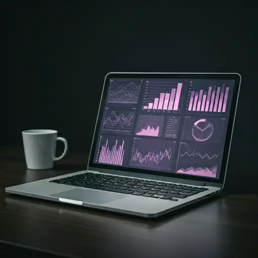 Workspace profissional escuro com laptop mostrando visualizações de dados e interface de IA em tons roxos