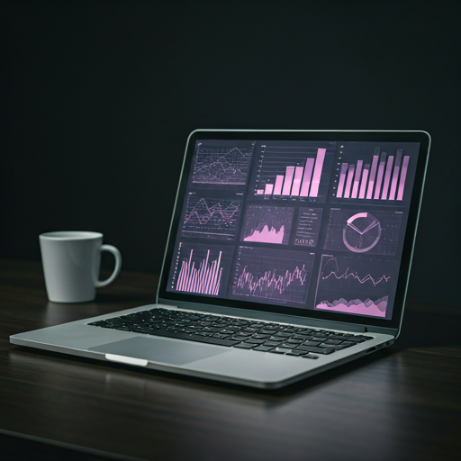 minimalist professional dark workspace with a laptop screen showing complex data visualizations and an AI interface glowing in soft purple